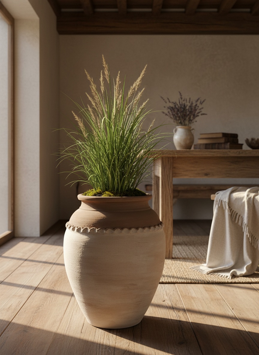 Vaso terracota artesanal Tamar D feito à mão Portugal. Design biofílico; Decoração estilo wabi-sabi, minimalista, rústico, mediterrânico, Japandi e farmehouse. Decoração de interiores;