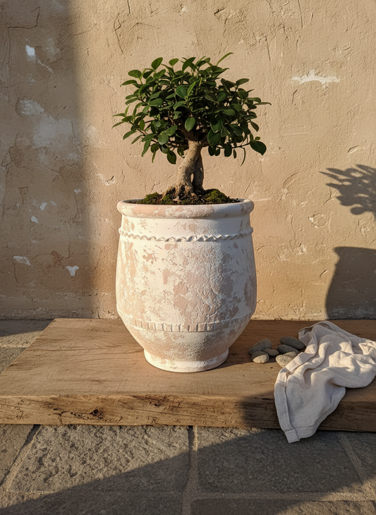 Vaso terracota artesanal Alba F feito à mão Portugal. Decoração Wabi-sabi, minimalista, rústico, farmhouse e moderno. Decoração e design de interiores; design biofílico; decoração sustentável.