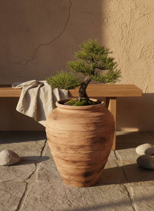 Vaso terracota artesanal Marua J, feito à mão Portugal. Decoração sustentável nos Estilos: cottage, wabi-sabi, minimalista, rústico, mediterrânico, e outras. Design de interiores; design biofílico;