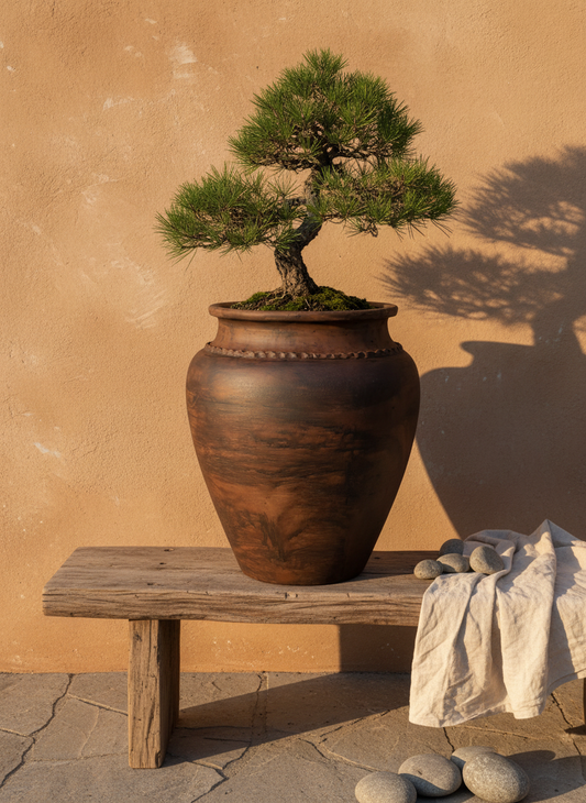 Vaso terracota artesanal Kora J, feito em Portugal. Decoração sustentável nos estilos Japandi, minimalista, rústico, mediterrânico, farmhouse e cottage. Decoração de interiores; Design biofílico;