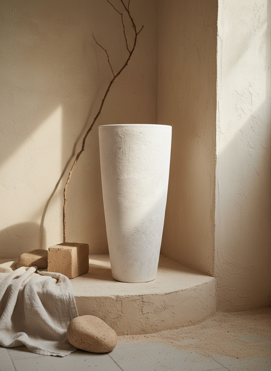 Vaso terracota artesanal EXC 1, handmade em Portugal. Decoração wabi-sabi, farmhouse, Japandi, minimalista, mediterrânica, cottagecore e moderno. Design de interiores sustentável; design biofílico;