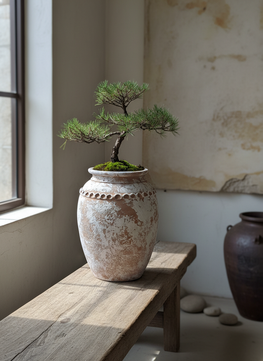 Vaso terracota artesanal Tamar B feito à mão Portugal, estilo wabi-sabi, minimalista, rústico, mediterrânico, Japandi e farmehouse. Decoração de interiores; design biofílico;