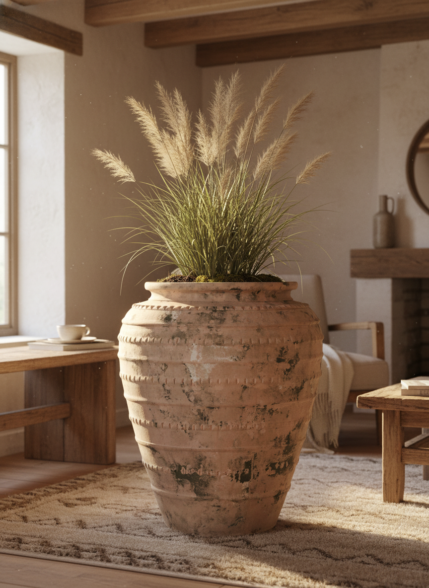 Vaso terracota artesanal feito à mão em Portugal, decoração Japandi, minimalista, rústico, mediterrânico, farmhouse, modern decor. Decoração e design de interiores; decoração e design biofílico;