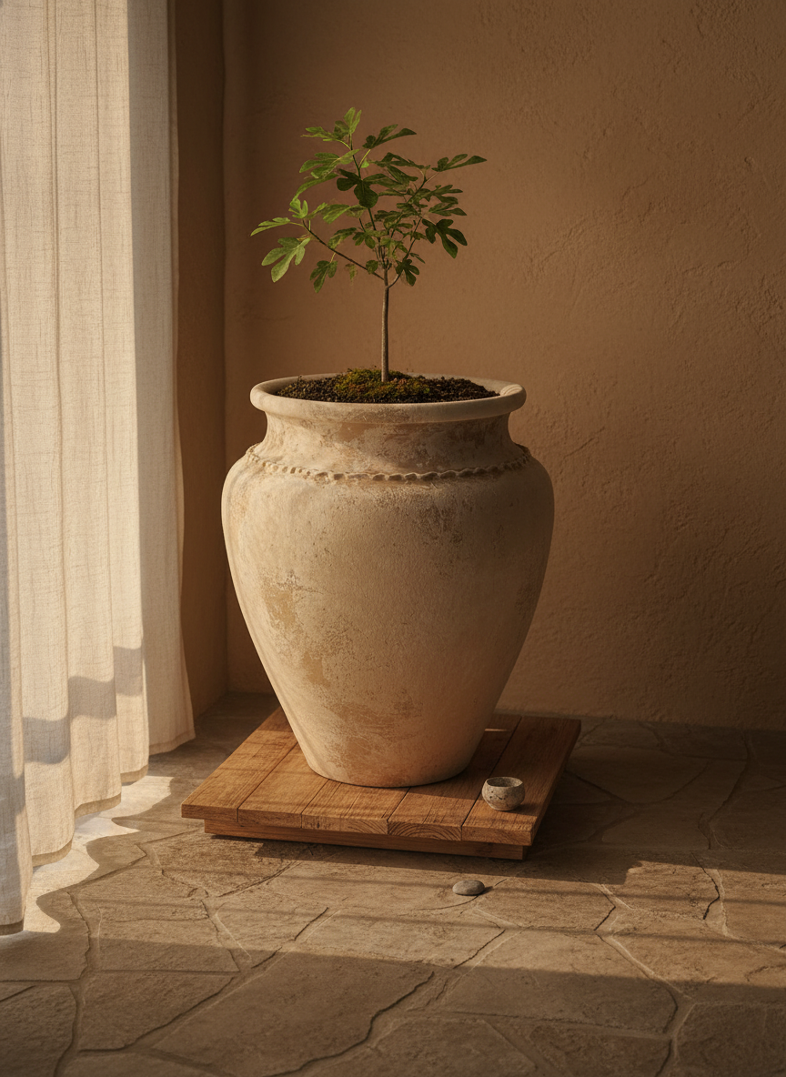 Vaso terracota artesanal Kora G, feito artesanalmente em Portugal. Decoração de interiores; Design biofílico; Decoração Japandi, minimalista, rústico, mediterrânico, farmhouse e cottage. 