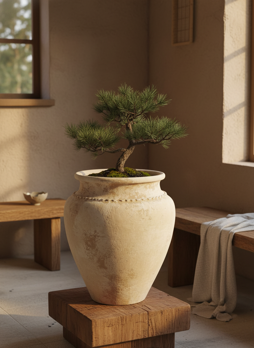 Vaso terracota artesanal Kora G, feito artesanalmente em Portugal. Decoração de interiores; Design biofílico; Decoração Japandi, minimalista, rústico, mediterrânico, farmhouse e cottage. 
