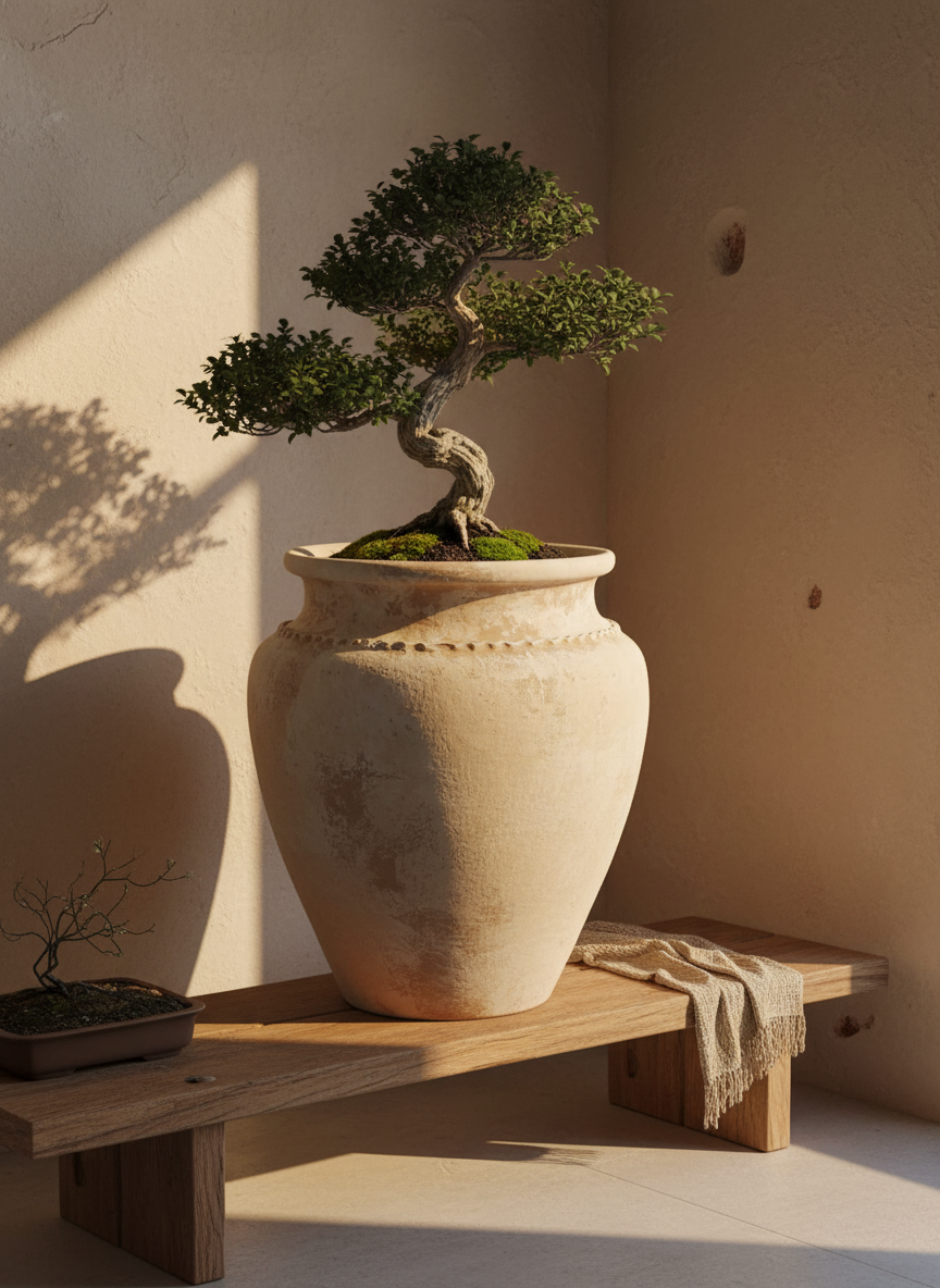 Vaso terracota artesanal Kora G, feito artesanalmente em Portugal. Decoração de interiores; Design biofílico; Decoração Japandi, minimalista, rústico, mediterrânico, farmhouse e cottage. 