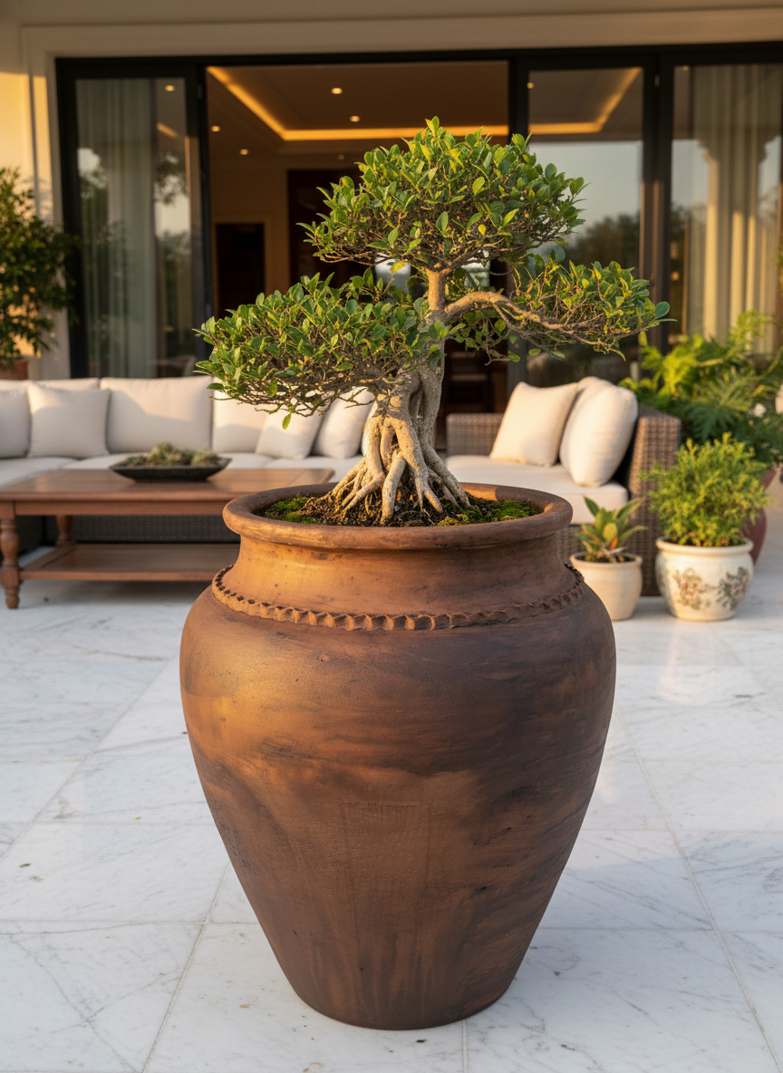 Vaso terracota artesanal Kora J, feito  em Portugal. Decoração sustentável nos estilos Japandi, minimalista, rústico, mediterrânico, farmhouse e cottage. Decoração de interiores; Design biofílico; 