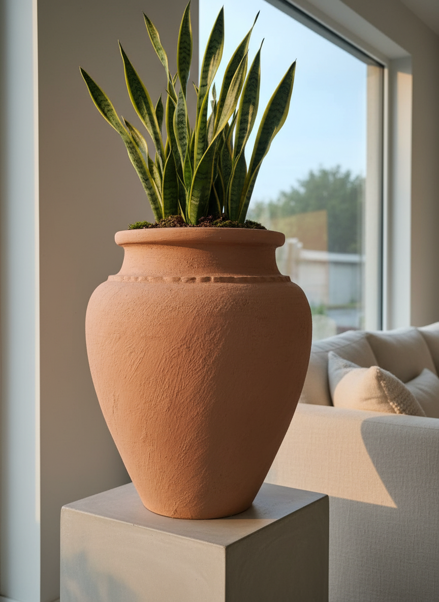 Vaso terracota artesanal Kora I, feito artesanalmente em Portugal. Decoração Japandi, minimalista, rústico, mediterrânico, farmhouse e cottage. Decoração de interiores; Design biofílico; Decoração sustentável