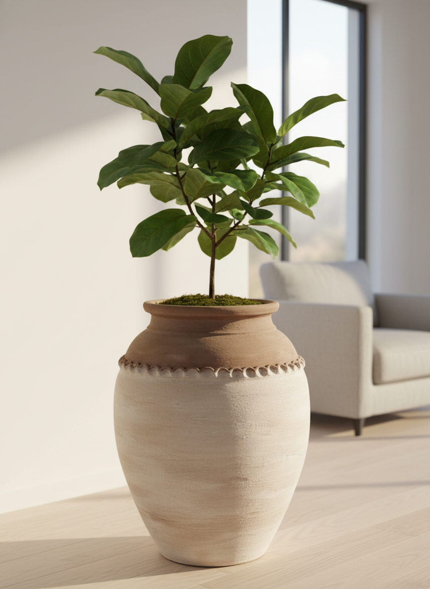 Vaso terracota artesanal Tamar D feito à mão Portugal. Design biofílico; Decoração estilo wabi-sabi, minimalista, rústico, mediterrânico, Japandi e farmehouse. Decoração de interiores;  