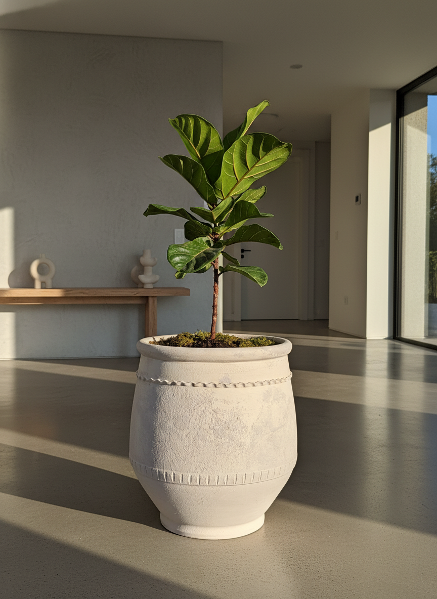 Vaso terracota artesanal Alba G feito à mão Portugal. Decoração Wabi-sabi, minimalista, rústico, farmhouse e moderno. Design de interiores; design biofílico; decoração sustentável.