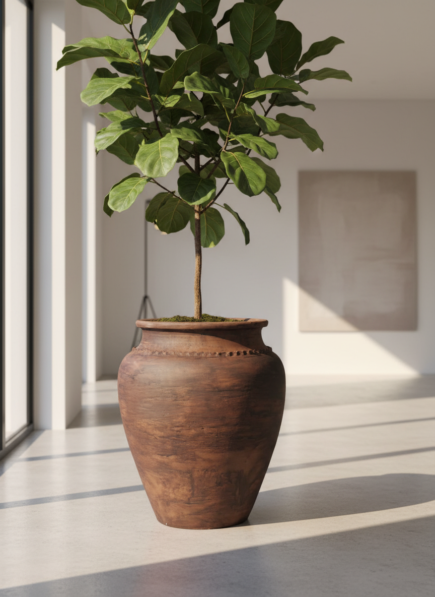 Vaso terracota artesanal Kora J, feito  em Portugal. Decoração sustentável nos estilos Japandi, minimalista, rústico, mediterrânico, farmhouse e cottage. Decoração de interiores; Design biofílico; 