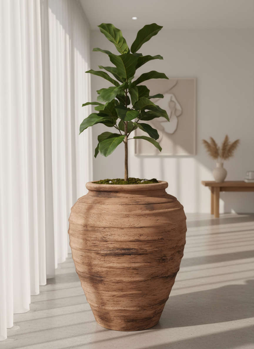 Vaso terracota artesanal Marua J, feito à mão Portugal. Decoração sustentável nos Estilos: cottage, wabi-sabi, minimalista, rústico, mediterrânico, e outras. Design de interiores; design biofílico;