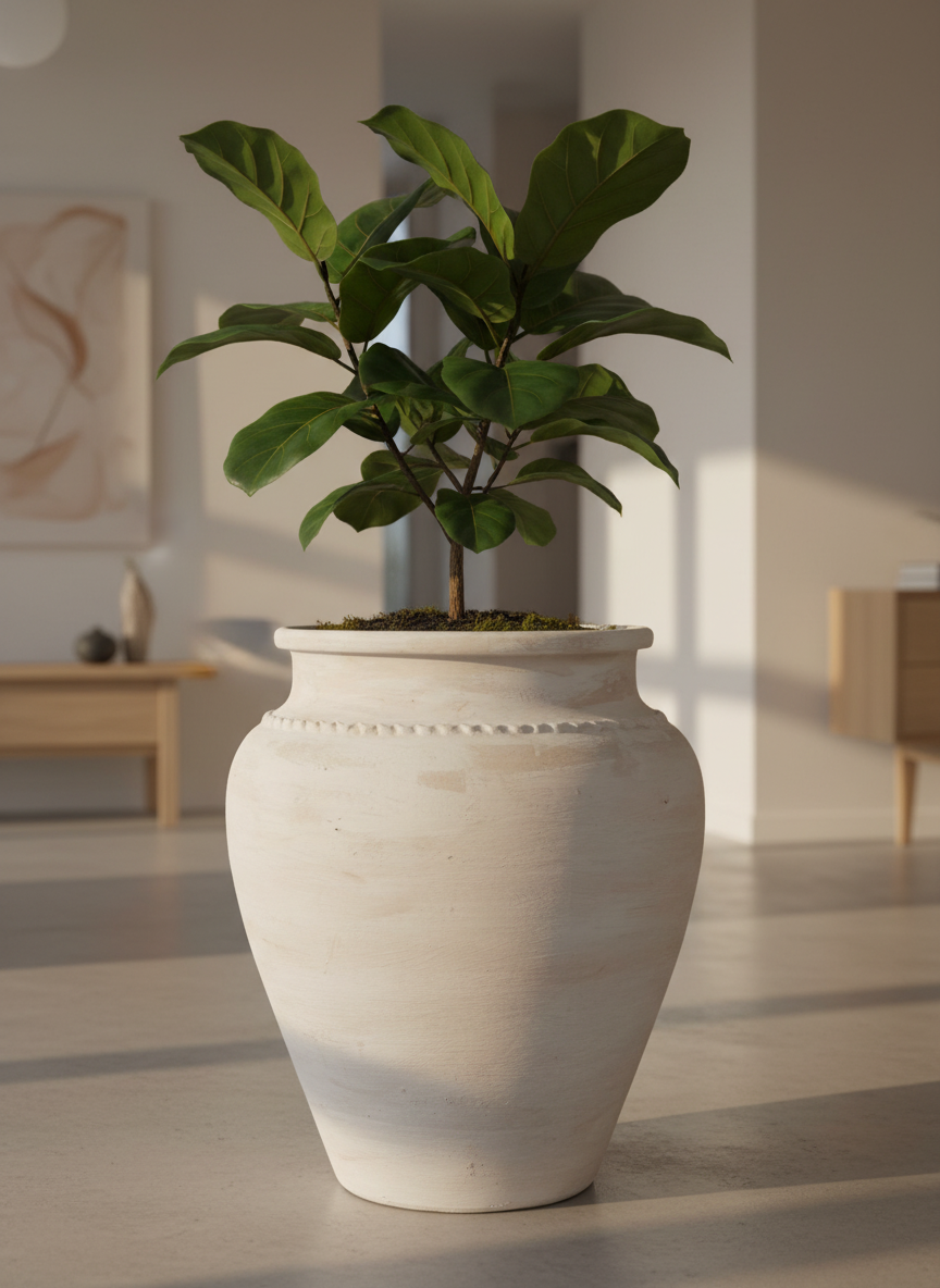 Vaso terracota artesanal Kora K, feito artesanalmente em Portugal. Decoração de interiores; Design biofílico; Decoração sustentável nos estilos: Japandi, minimalista, rústico, mediterrânico, farmhouse e cottage. 