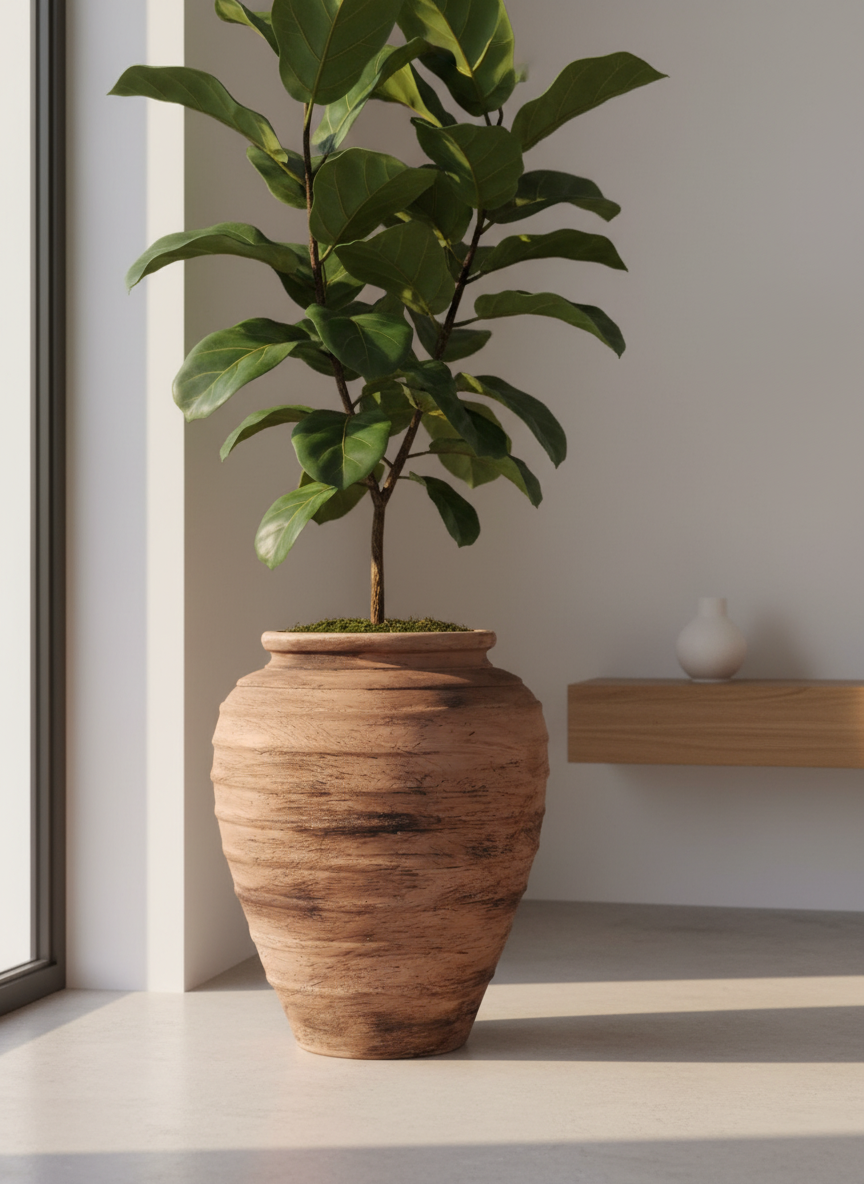 Vaso terracota artesanal Marua J, feito à mão Portugal. Decoração sustentável nos Estilos: cottage, wabi-sabi, minimalista, rústico, mediterrânico, e outras. Design de interiores; design biofílico;