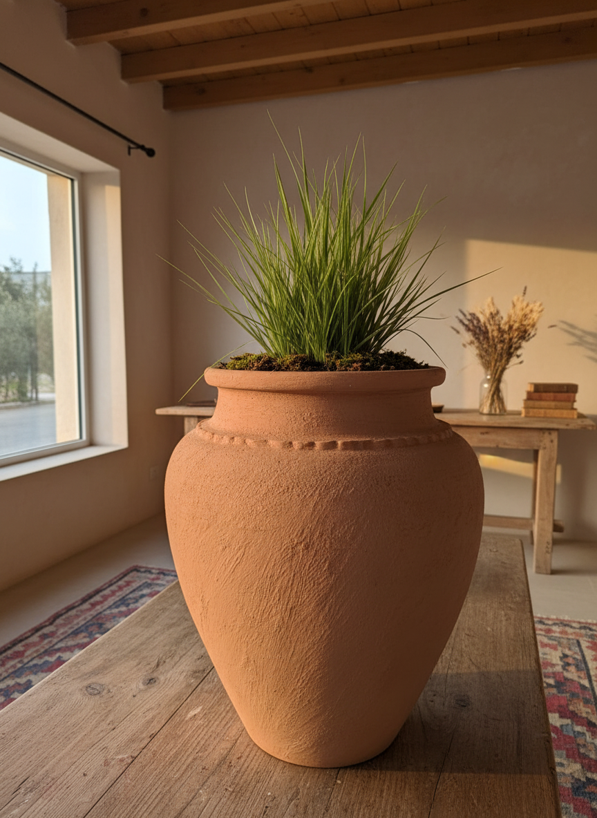 Vaso terracota artesanal Kora I, feito artesanalmente em Portugal. Decoração Japandi, minimalista, rústico, mediterrânico, farmhouse e cottage. Decoração de interiores; Design biofílico; Decoração sustentável