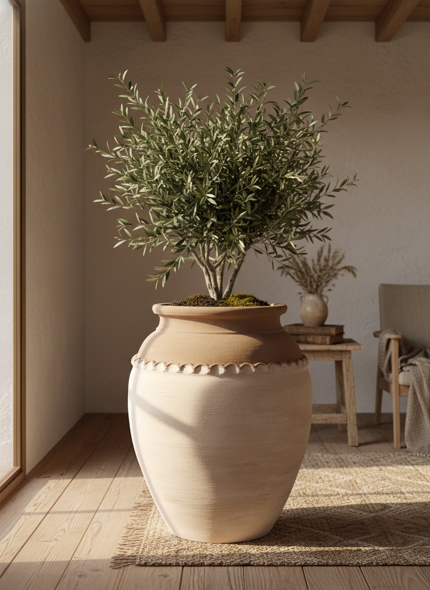 Vaso terracota artesanal Tamar D feito à mão Portugal. Design biofílico; Decoração estilo wabi-sabi, minimalista, rústico, mediterrânico, Japandi e farmehouse. Decoração de interiores;  