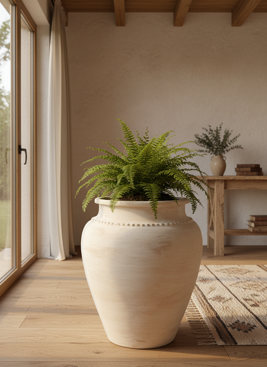 Vaso terracota artesanal Kora K, feito artesanalmente em Portugal. Decoração de interiores; Design biofílico; Decoração sustentável nos estilos: Japandi, minimalista, rústico, mediterrânico, farmhouse e cottage. 