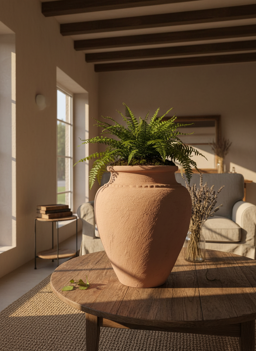 Vaso terracota artesanal Kora I, feito artesanalmente em Portugal. Decoração Japandi, minimalista, rústico, mediterrânico, farmhouse e cottage. Decoração de interiores; Design biofílico; Decoração sustentável