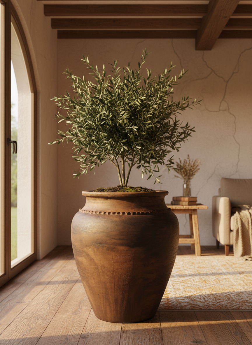 Vaso terracota artesanal Kora J, feito  em Portugal. Decoração sustentável nos estilos Japandi, minimalista, rústico, mediterrânico, farmhouse e cottage. Decoração de interiores; Design biofílico; 