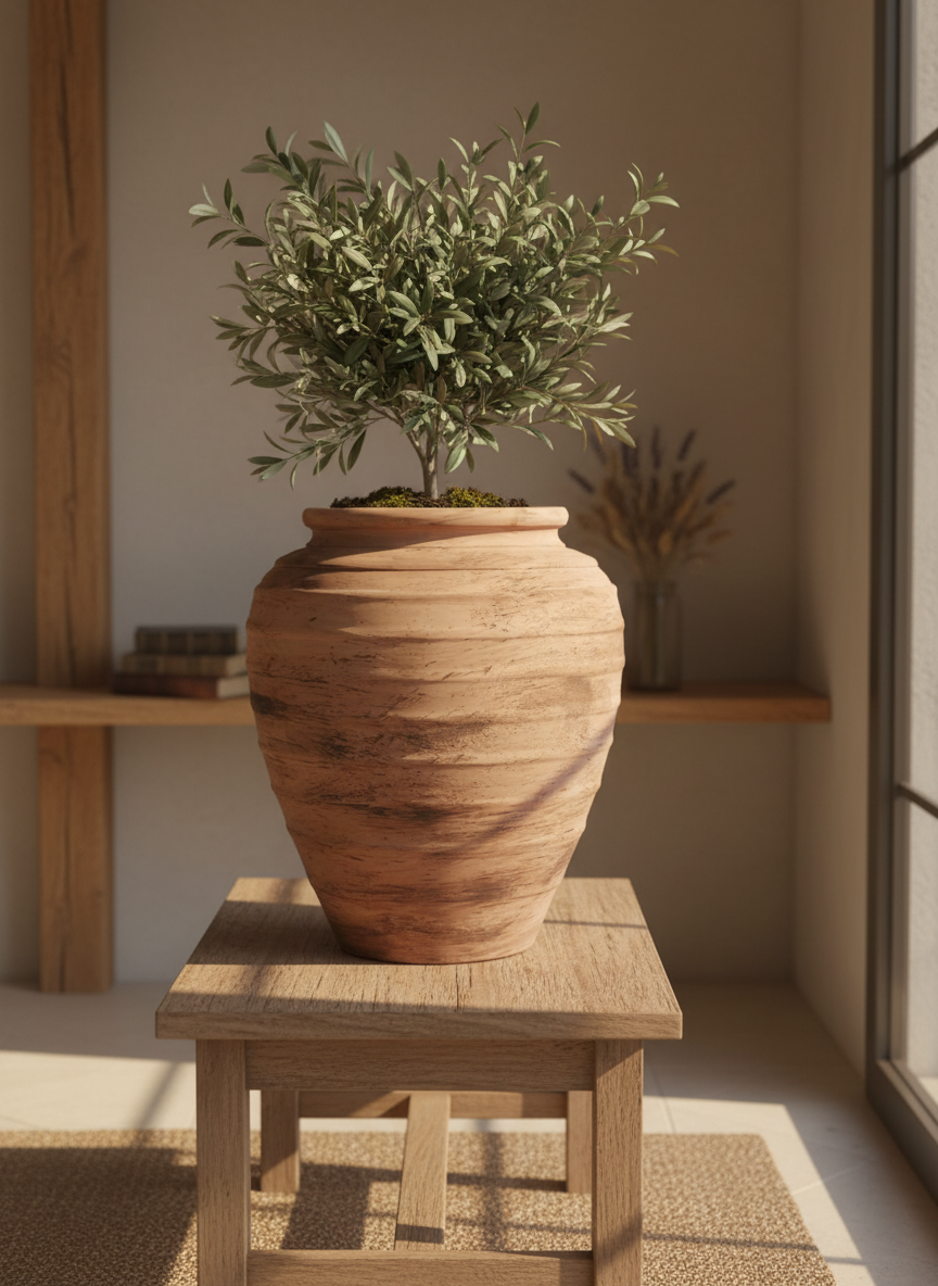 Vaso terracota artesanal Marua J, feito à mão Portugal. Decoração sustentável nos Estilos: cottage, wabi-sabi, minimalista, rústico, mediterrânico, e outras. Design de interiores; design biofílico;