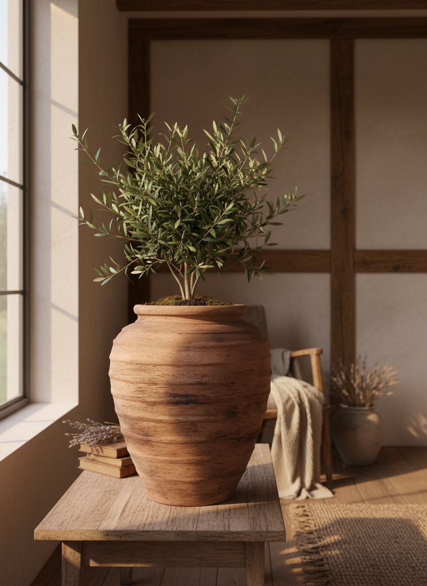 Vaso terracota artesanal Marua J, feito à mão Portugal. Decoração sustentável nos Estilos: cottage, wabi-sabi, minimalista, rústico, mediterrânico, e outras. Design de interiores; design biofílico;