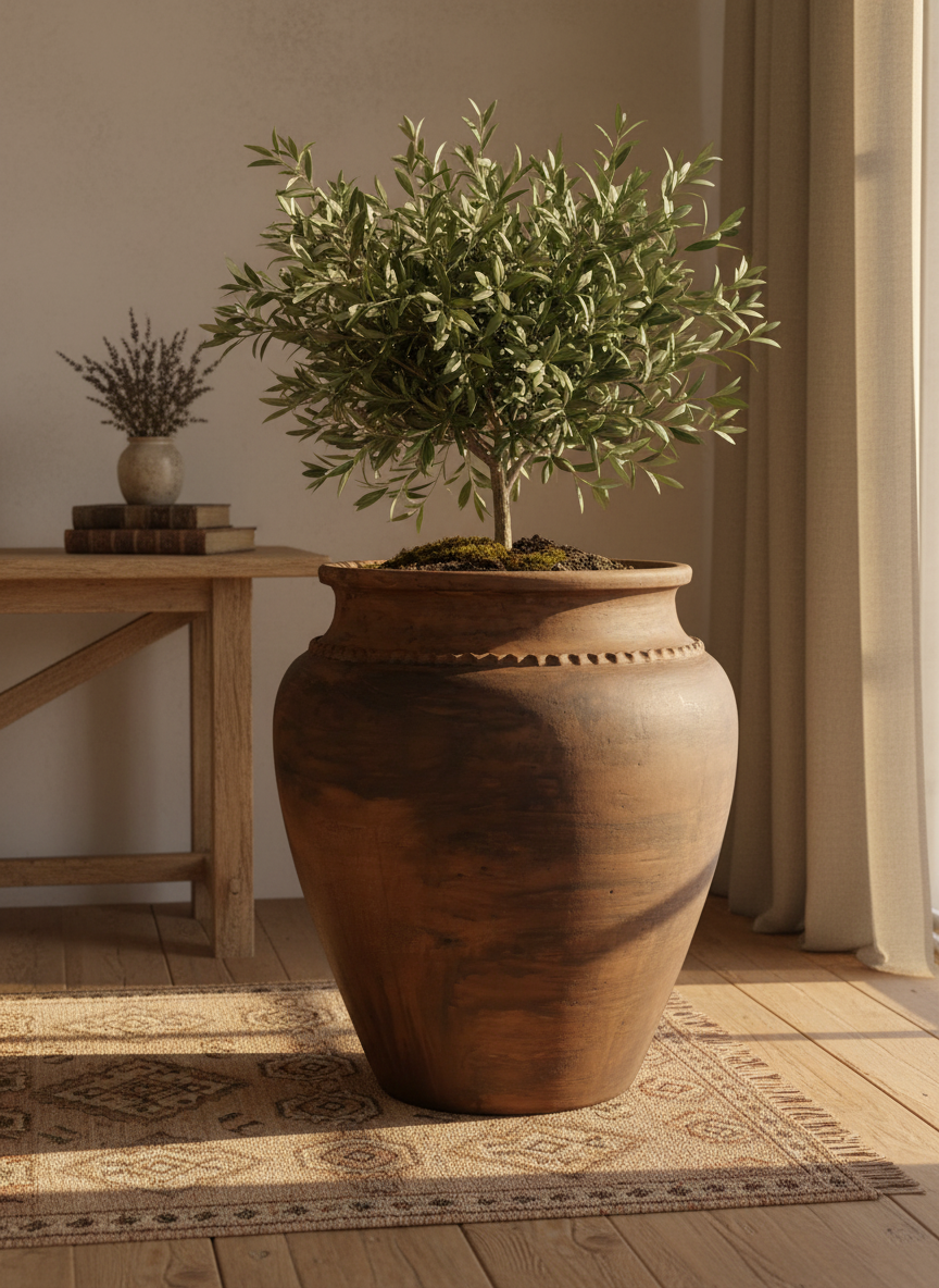 Vaso terracota artesanal Kora J, feito  em Portugal. Decoração sustentável nos estilos Japandi, minimalista, rústico, mediterrânico, farmhouse e cottage. Decoração de interiores; Design biofílico; 