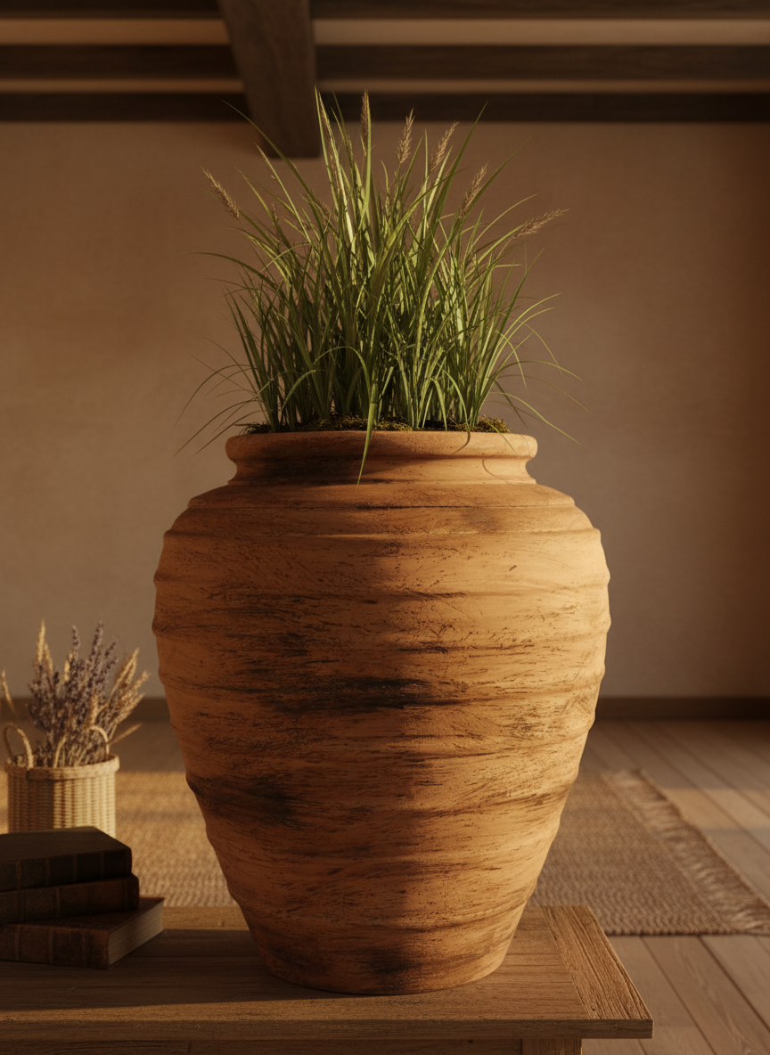 Vaso terracota artesanal Marua J, feito à mão Portugal. Decoração sustentável nos Estilos: cottage, wabi-sabi, minimalista, rústico, mediterrânico, e outras. Design de interiores; design biofílico;