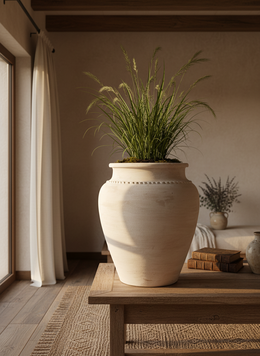 Vaso terracota artesanal Kora K, feito artesanalmente em Portugal. Decoração de interiores; Design biofílico; Decoração sustentável nos estilos: Japandi, minimalista, rústico, mediterrânico, farmhouse e cottage. 