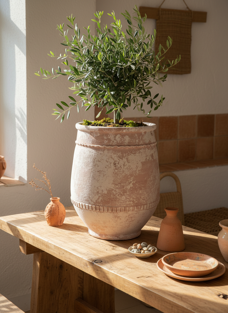 Vaso terracota artesanal Alba E feito à mão Portugal, decoração Wabi-sabi, minimalista, rústico, farmhouse e moderno. Decoração e design de interiores; decoração e design biofílico;