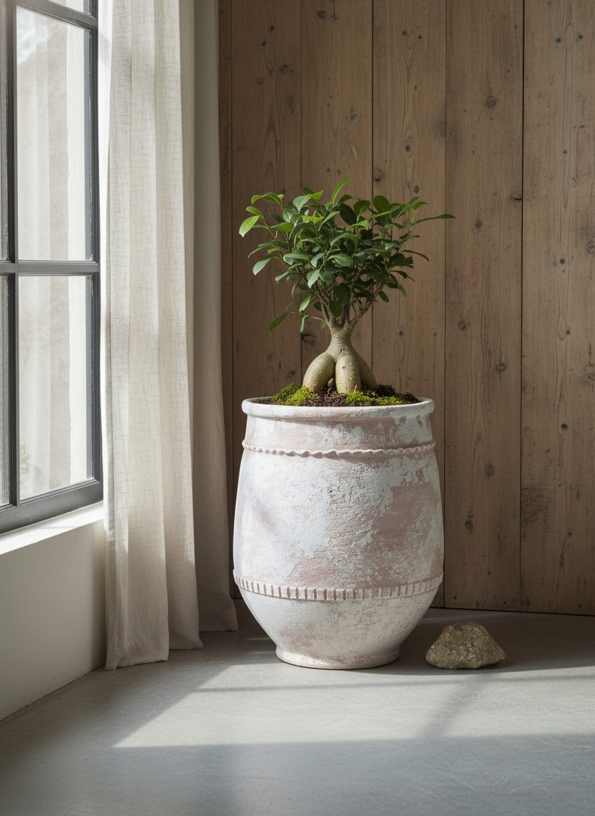 Vaso terracota artesanal Alba E feito à mão Portugal, decoração Wabi-sabi, minimalista, rústico, farmhouse e moderno. Decoração e design de interiores; decoração e design biofílico;