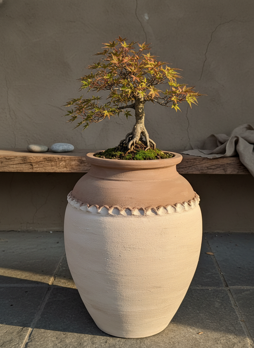 Vaso terracota artesanal Tamar D feito à mão Portugal. Design biofílico; Decoração estilo wabi-sabi, minimalista, rústico, mediterrânico, Japandi e farmehouse. Decoração de interiores;  