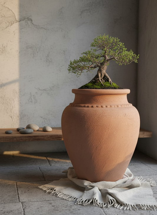 Vaso terracota artesanal Kora I, feito artesanalmente em Portugal. Decoração Japandi, minimalista, rústico, mediterrânico, farmhouse e cottage. Decoração de interiores; Design biofílico; Decoração sustentável