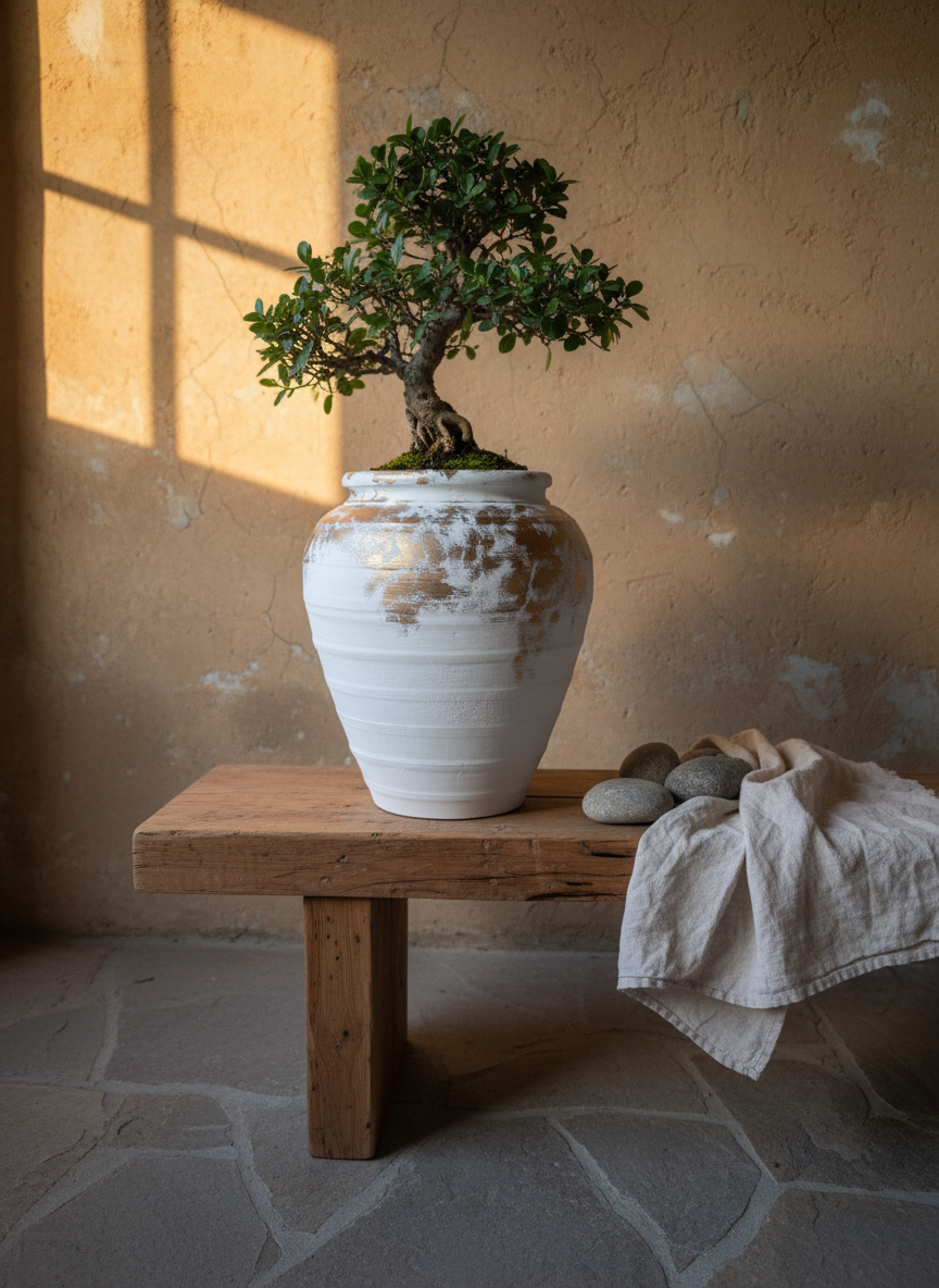 Vaso terracota artesanal Marua J, feito à mão Portugal. Decoração sustentável nos Estilos: cottage, wabi-sabi, minimalista, rústico, mediterrânico, e outras. Design de interiores; design biofílico;