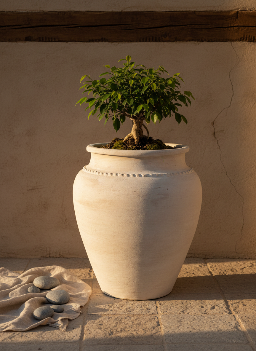 Vaso terracota artesanal Kora K, feito artesanalmente em Portugal. Decoração de interiores; Design biofílico; Decoração sustentável nos estilos: Japandi, minimalista, rústico, mediterrânico, farmhouse e cottage. 