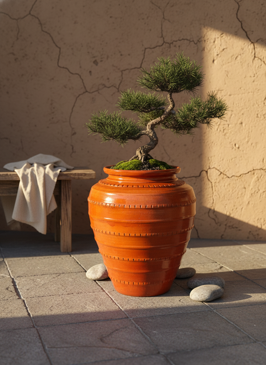 Vaso terracota artesanal  Safi G handmade em Portugal. Decoração sustentável nos estilos wabi-sabi, farmhouse, Japandi, minimalista, mediterrânica, cottagecore e moderno.  Design de interiores; design biofílico;