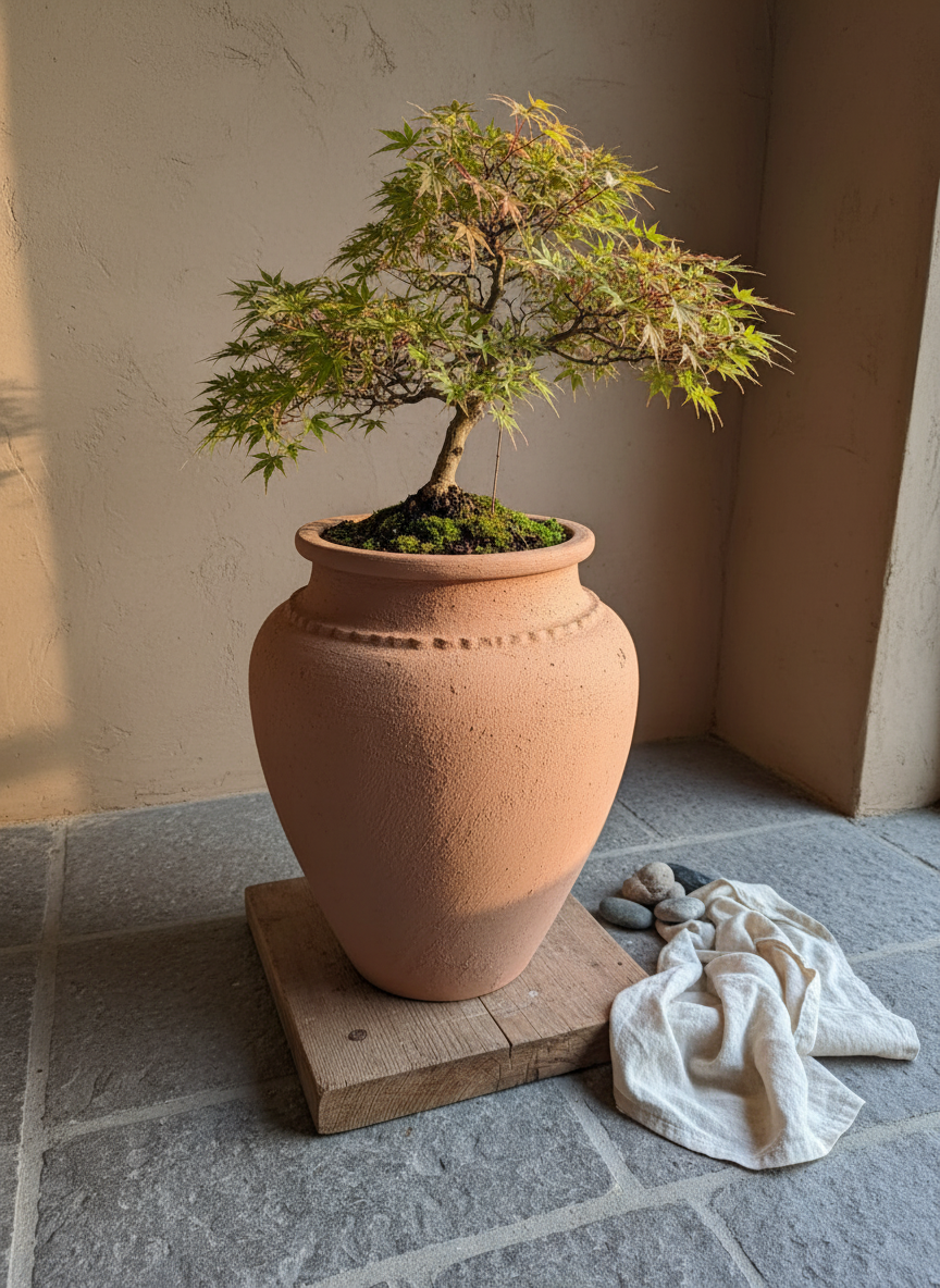 Vaso terracota artesanal Kora I, feito artesanalmente em Portugal. Decoração Japandi, minimalista, rústico, mediterrânico, farmhouse e cottage. Decoração de interiores; Design biofílico; Decoração sustentável