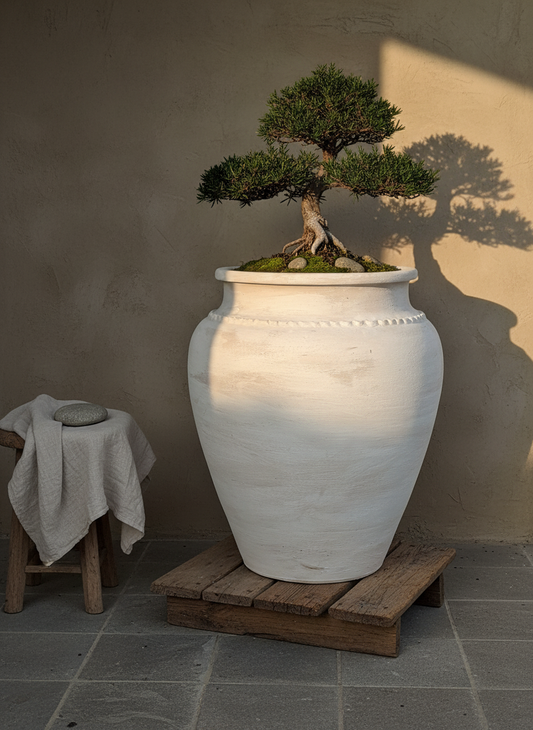 Vaso terracota artesanal Kora K, feito artesanalmente em Portugal. Decoração de interiores; Design biofílico; Decoração sustentável nos estilos: Japandi, minimalista, rústico, mediterrânico, farmhouse e cottage. 
