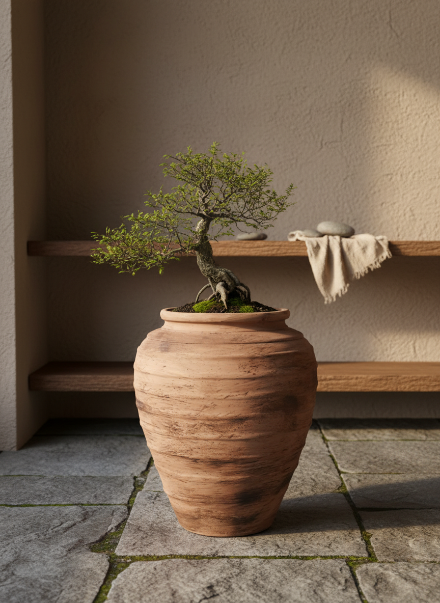 Vaso terracota artesanal Marua J, feito à mão Portugal. Decoração sustentável nos Estilos: cottage, wabi-sabi, minimalista, rústico, mediterrânico, e outras. Design de interiores; design biofílico;