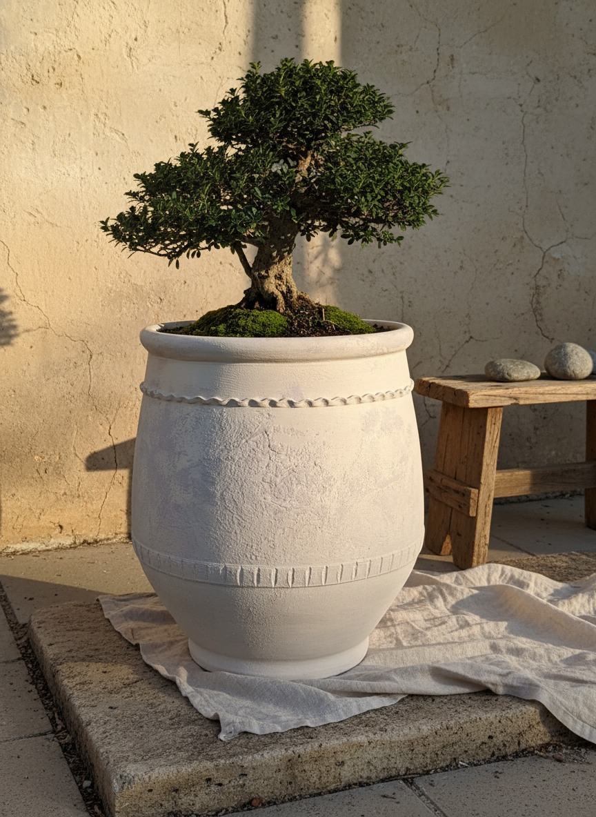 Vaso terracota artesanal Alba G feito à mão Portugal. Decoração Wabi-sabi, minimalista, rústico, farmhouse e moderno. Design de interiores; design biofílico; decoração sustentável.