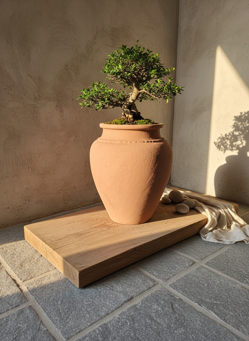 Vaso terracota artesanal Kora I, feito artesanalmente em Portugal. Decoração Japandi, minimalista, rústico, mediterrânico, farmhouse e cottage. Decoração de interiores; Design biofílico; Decoração sustentável