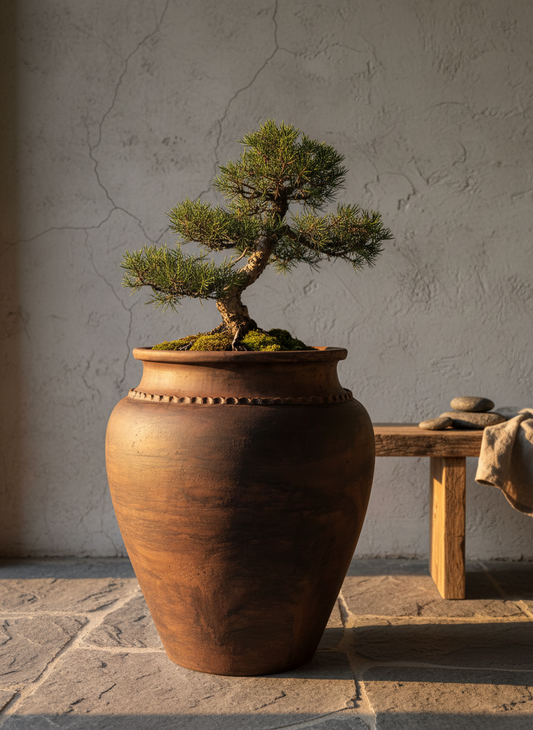 Vaso terracota artesanal Kora J, feito  em Portugal. Decoração sustentável nos estilos Japandi, minimalista, rústico, mediterrânico, farmhouse e cottage. Decoração de interiores; Design biofílico; 