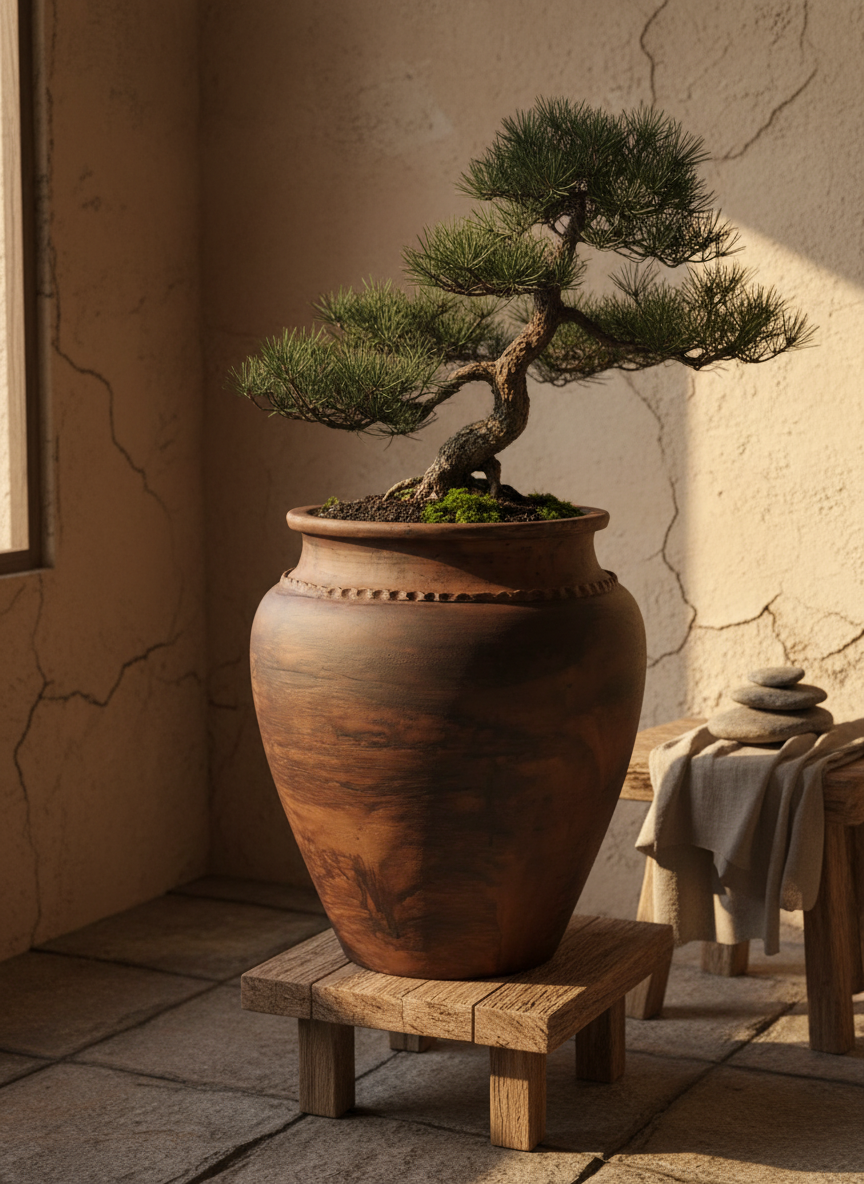 Vaso terracota artesanal Kora J, feito  em Portugal. Decoração sustentável nos estilos Japandi, minimalista, rústico, mediterrânico, farmhouse e cottage. Decoração de interiores; Design biofílico; 