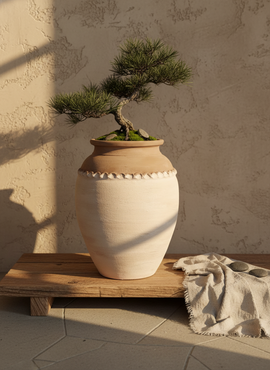 Vaso terracota artesanal Tamar D feito à mão Portugal. Design biofílico; Decoração estilo wabi-sabi, minimalista, rústico, mediterrânico, Japandi e farmehouse. Decoração de interiores;  