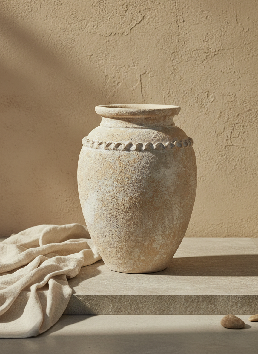 Vaso terracota artesanal Tamar F feito à mão Portugal. Decoração estilo wabi-sabi, minimalista, rústico, mediterrânico, Japandi e farmehouse. Decoração de interiores;  Design biofílico; Decoração sustentável