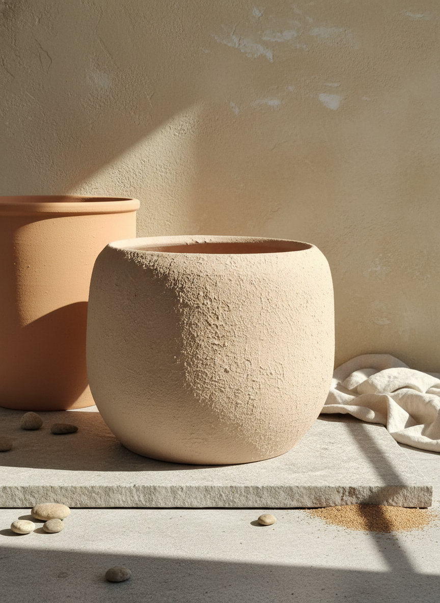 Vaso terracota artesanal  EXC 14, handmade em Portugal. Decoração wabi-sabi, farmhouse, Japandi, minimalista, mediterrânica, cottagecore e moderno. Design de interiores, decoração sustentável; design biofílico;