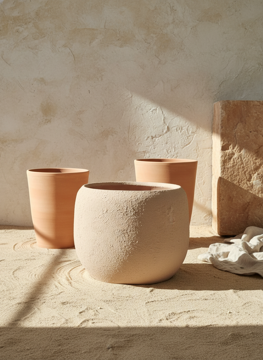 Vaso terracota artesanal  EXC 14, handmade em Portugal. Decoração wabi-sabi, farmhouse, Japandi, minimalista, mediterrânica, cottagecore e moderno. Design de interiores, decoração sustentável; design biofílico;