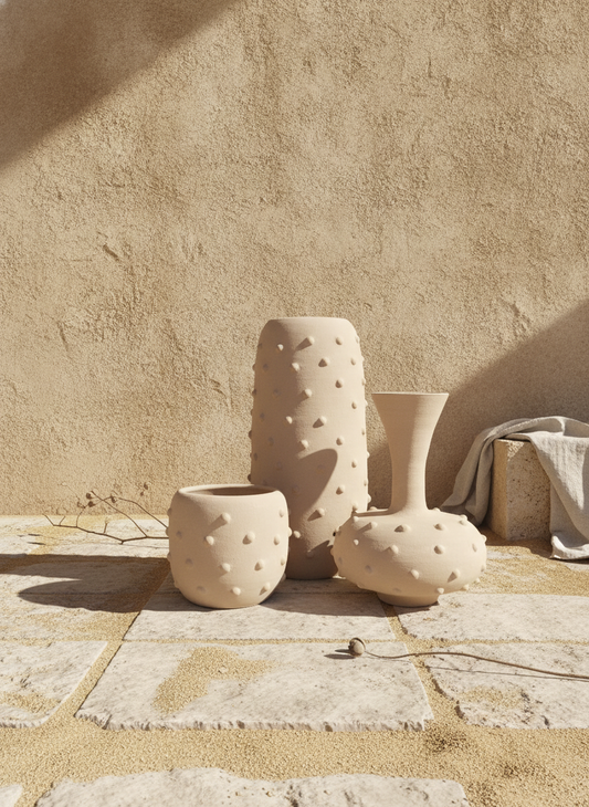 Conjunto de 3 vasos de terracota artesanal  EXC 22, handmade em Portugal. Design de interiores sustentável; design biofílico. Decoração wabi-sabi, farmhouse, Japandi, minimalista, mediterrânica, cottagecore e moderno.  Decoração orgânica;