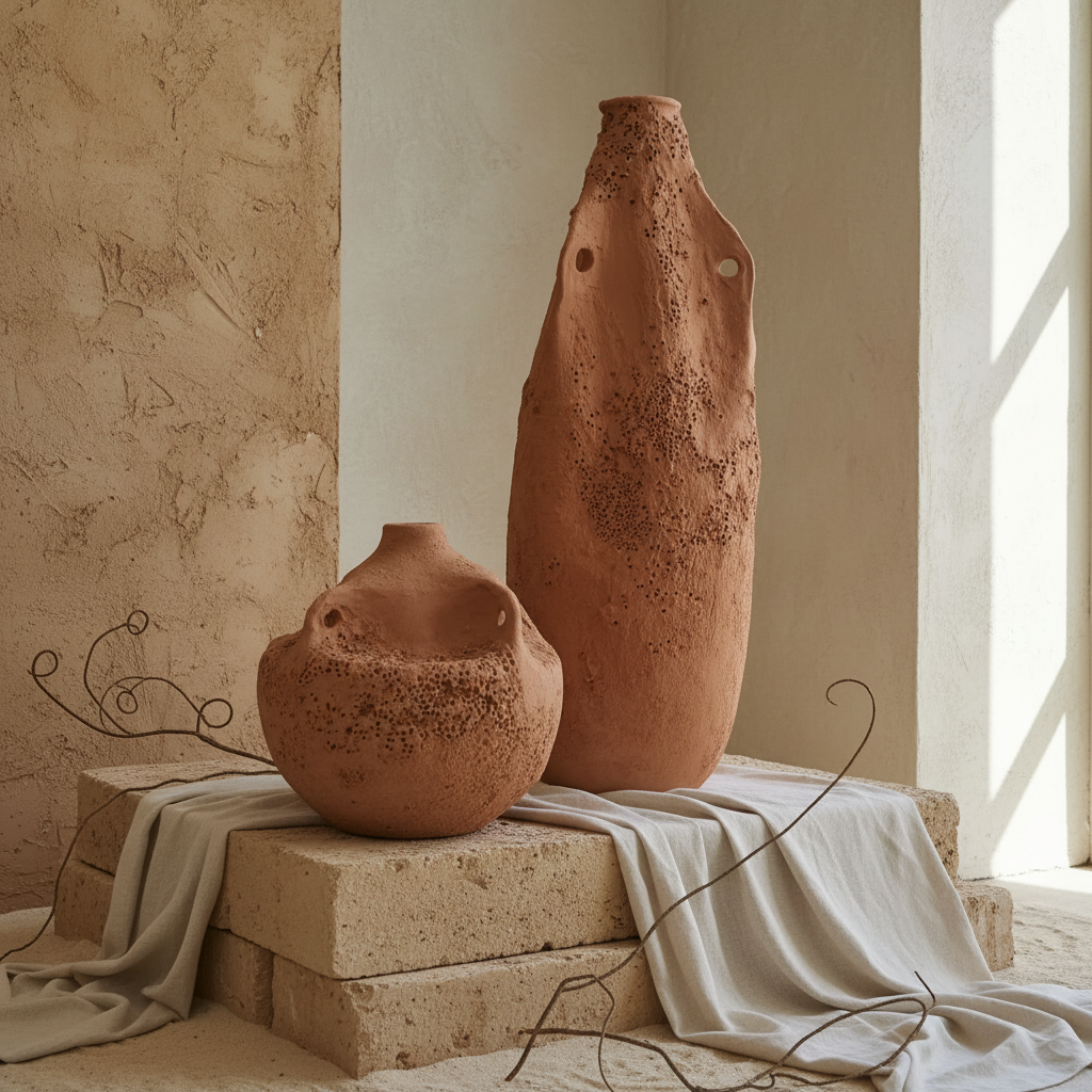 Vaso terracota artesanal  EXC 22, handmade em Portugal. Decoração orgânica; Decoração wabi-sabi, farmhouse, Japandi, minimalista, mediterrânica, cottagecore e moderno. Design de interiores sustentável; design biofílico;