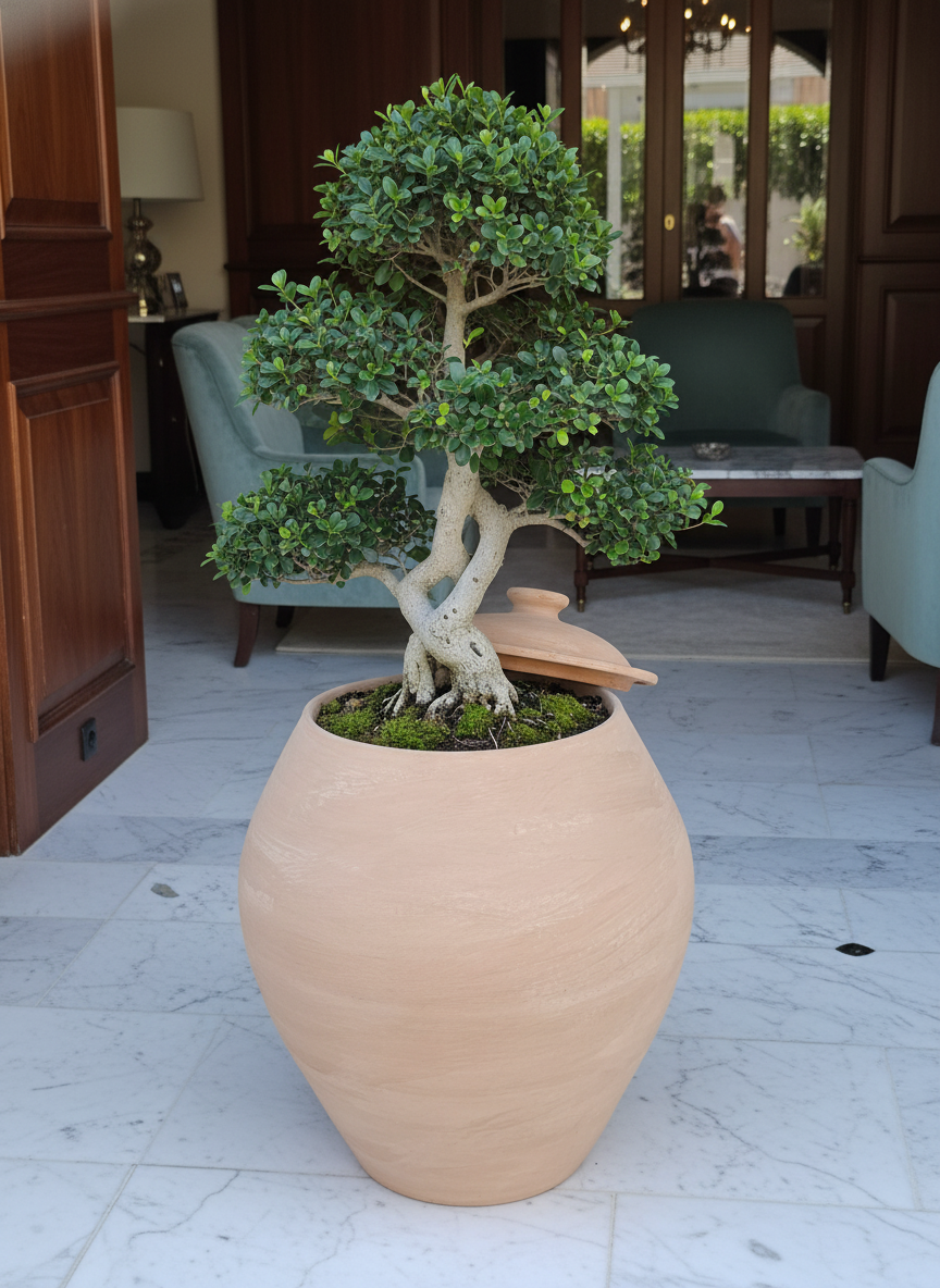 Vaso terracota artesanal EXC. com Tampa, feito à mão Portugal. Design natural e sustentável nos estilos Japandi, minimalista, rústico, farmhouse e moderno e wabi-sabi. Decoração de interiores; design biofílico;