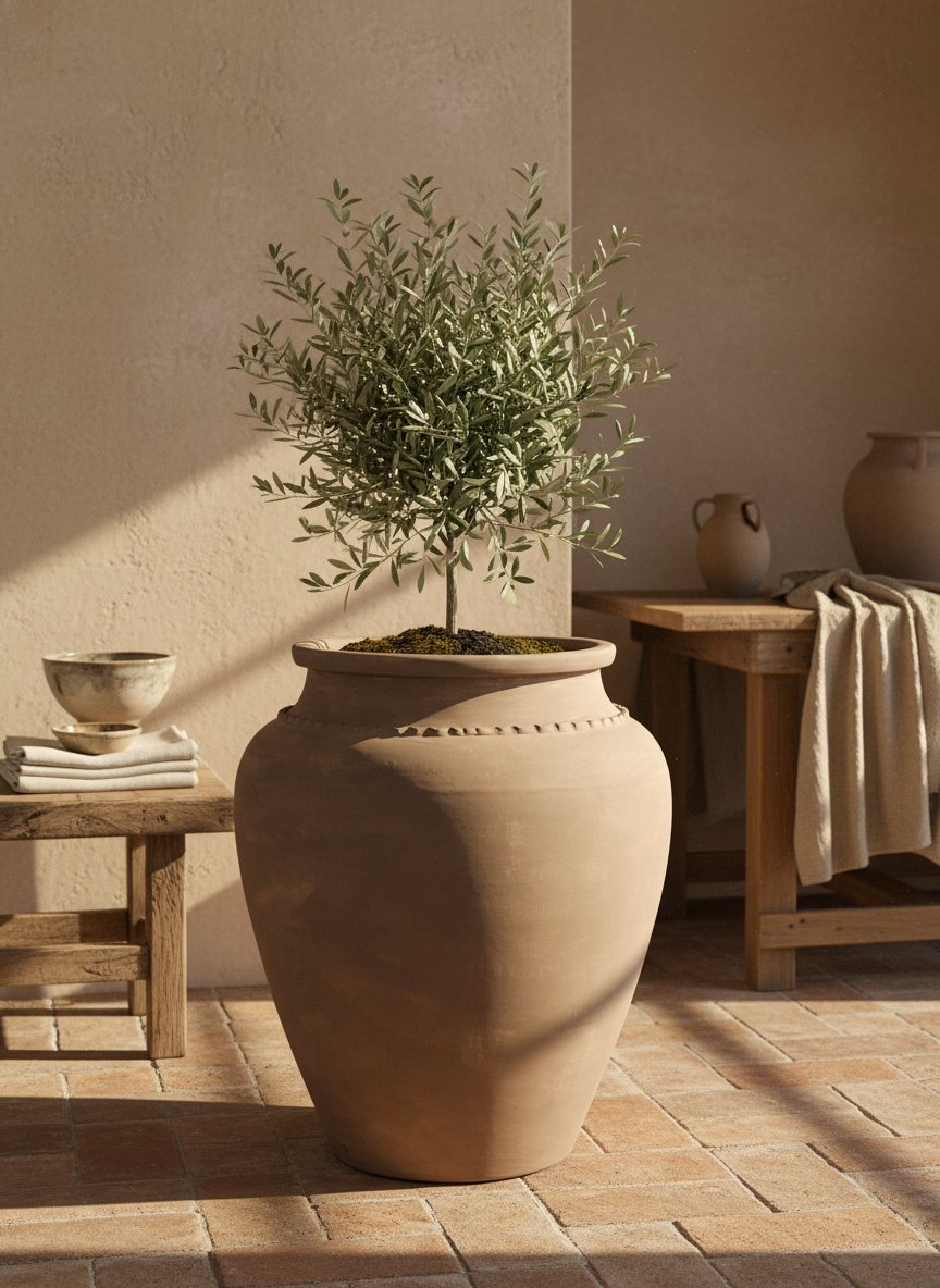 Vaso terracota artesanal Kora E handmade Portugal. Decoração Japandi, minimalista, rústico, mediterrânico, farmhouse e cottage. Decoração de interiores; Design biofílico;